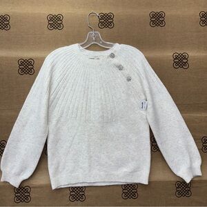 LOFT NWT! Women'S Cozy Stone Button-Detail Crew-Neck Sweater In White/Grey